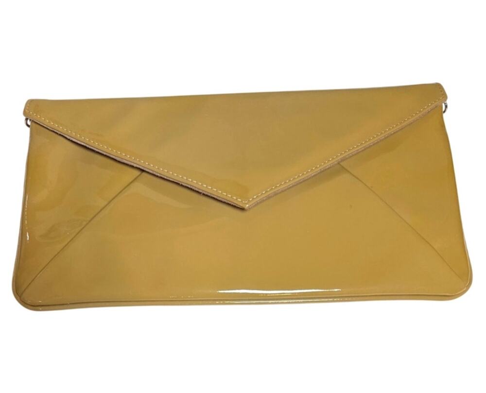 L.K. Bennett Leola Patent Leather Envelope Clutch Tan Nude GUC Small Flaw
